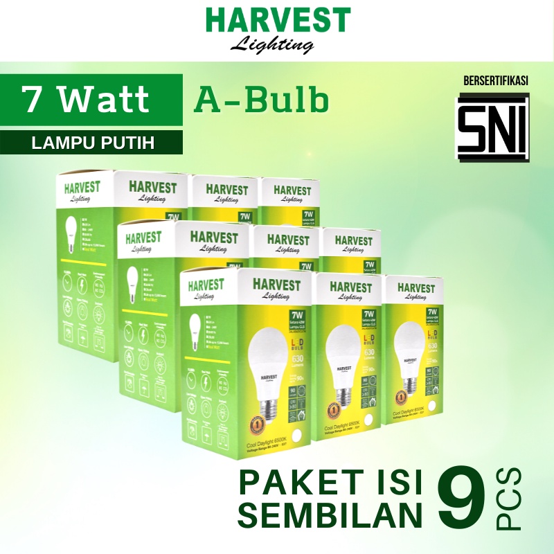 7W - Paket Isi 9 - HARVEST LIGHTING Lampu Bohlam LED A Bulb  7 Watt Lampu Hemat Energi Original Bersertifikasi SNI dan Bergaransi