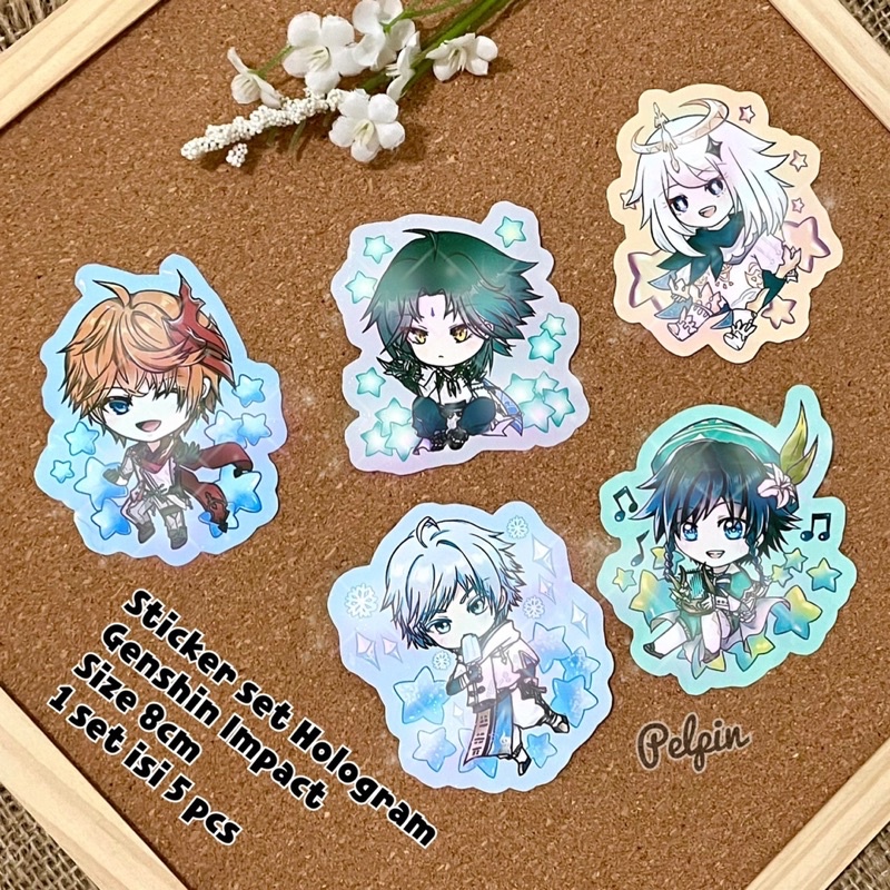 sticker set hologram genshin impact glitter stiker besar 8cm anime game tartaglia venti chongyun