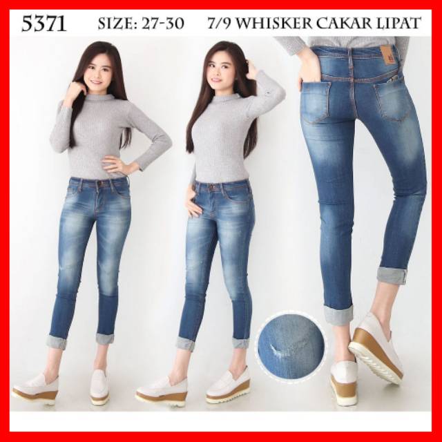 CELANA 7/9 RIPPED JEANS SKINNY PENSIL WANITA LIPAT GULUNG BAWAH 7 PER 9 CEWEK WHISKER PUTIH 5371