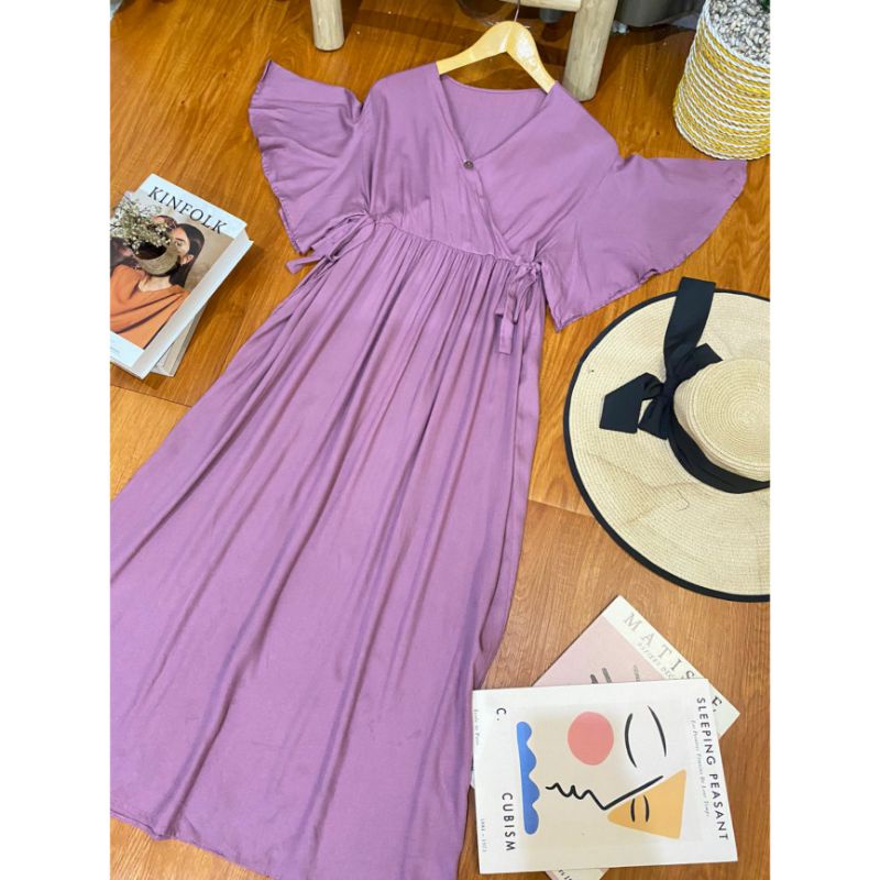 long daster kimono polos tangan lonceng | long daster cantik | long daster kimono | daster | daster kekinian | daster busui-Lavender