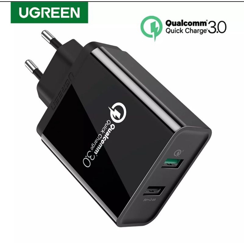 Ugreen Wall Charger Dual Usb 30W - Ugreen Charger QC 3.0 + 2.4 A FCP Wall for Android &amp; IPhone