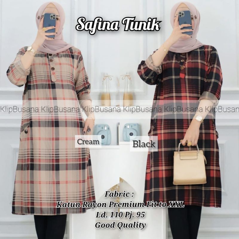 Atasan Tunik Wanita Jumbo Kekinian Safina KlipBusana - Midi Dress Hijab Perempuan Motif Kotak - Tuni