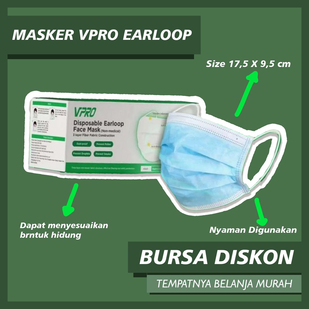 Masker Vpro Earloop Non Medis 3 Ply Non Medical Disposable Mask Sekali Pakai 3 Lapis