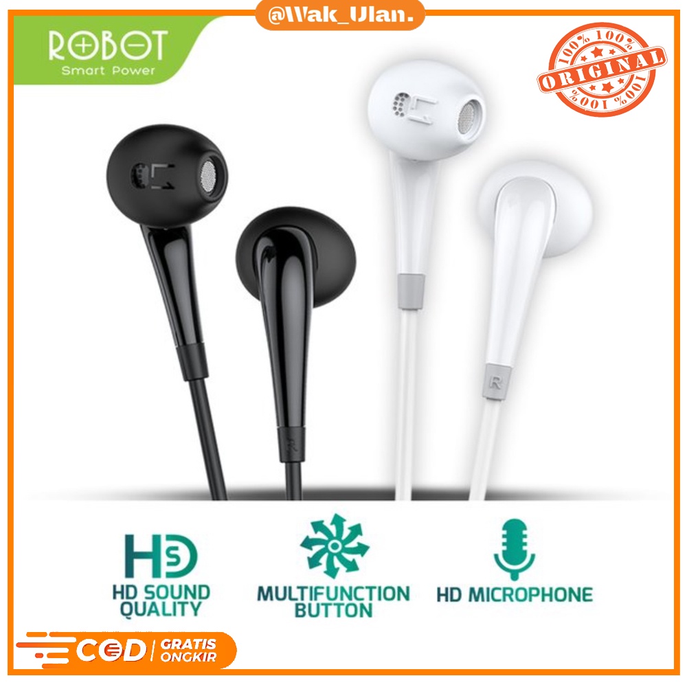 Earphone headset Headphone ROBOT RE701 RE 701 RE-701 soft in ear 3.5mm Bass wired kabel Hitam putih