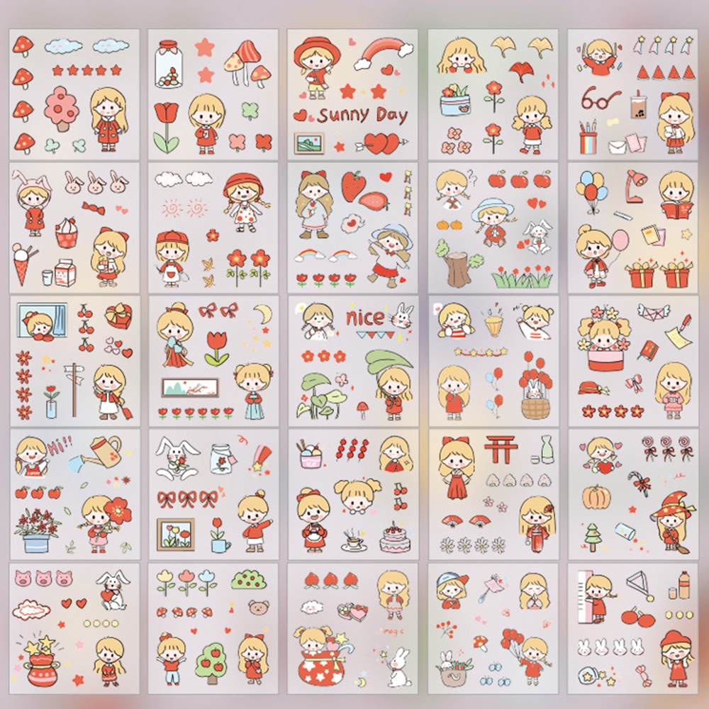 MXBEAUTY 100 pcs/box Kawaii Sticker Set Cute Pink Adhesive Decals Character Decoration Sticker Cartoon Character DIY Scrapbooking Packing Decoration Drink Food Life Pattern Gift Box Girls Rabbit Pattern Stationery