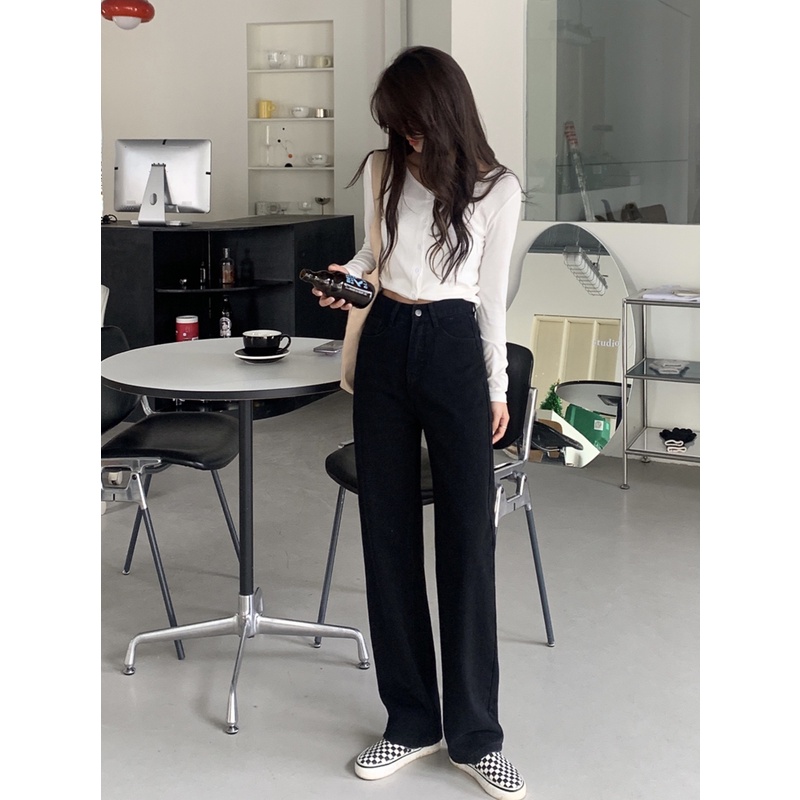 high waist  straight celana jeans panjang wanita hitam