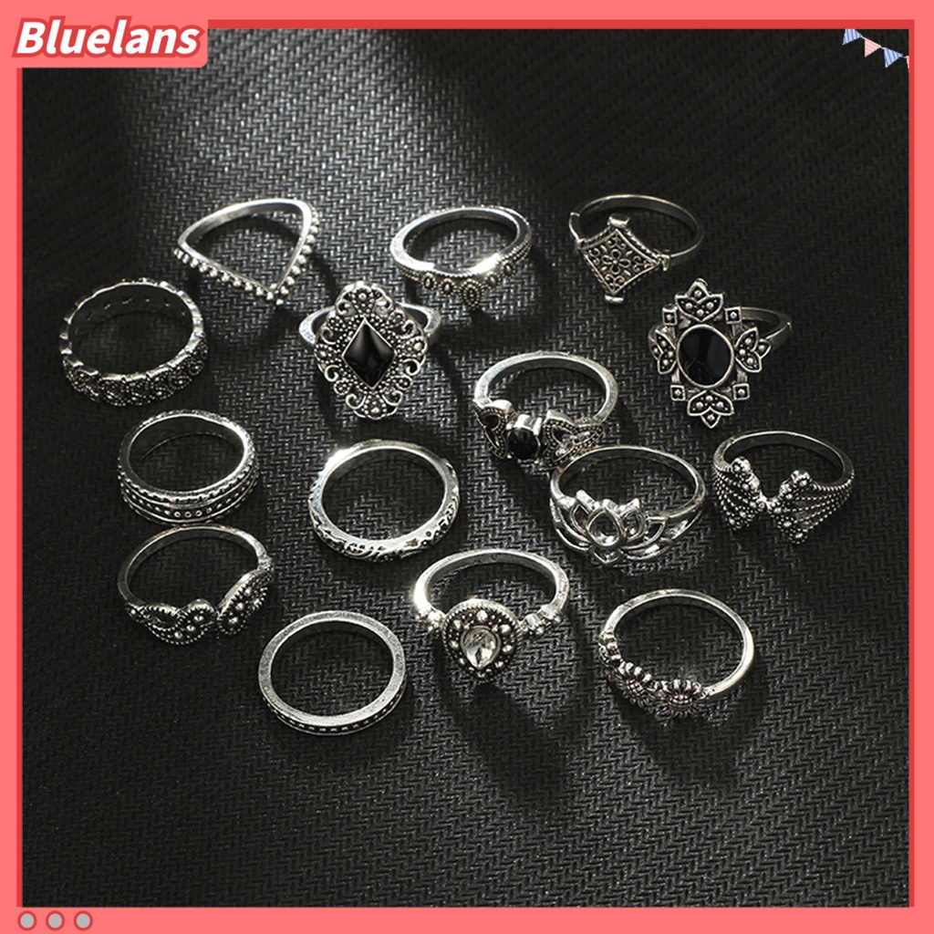 Bluelans 15 Pcs Cincin Berlian Imitasi Model Terbuka Tidak Pudar Gaya Bohemian Untuk Wanita