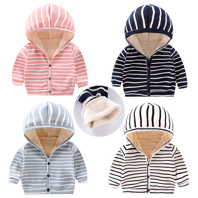 Jaket Hoodie Anak Bayi Perempuan Laki Laki Import Katun Fleece Premium Model Kancing Motif Garis 0 1 2 3 tahun