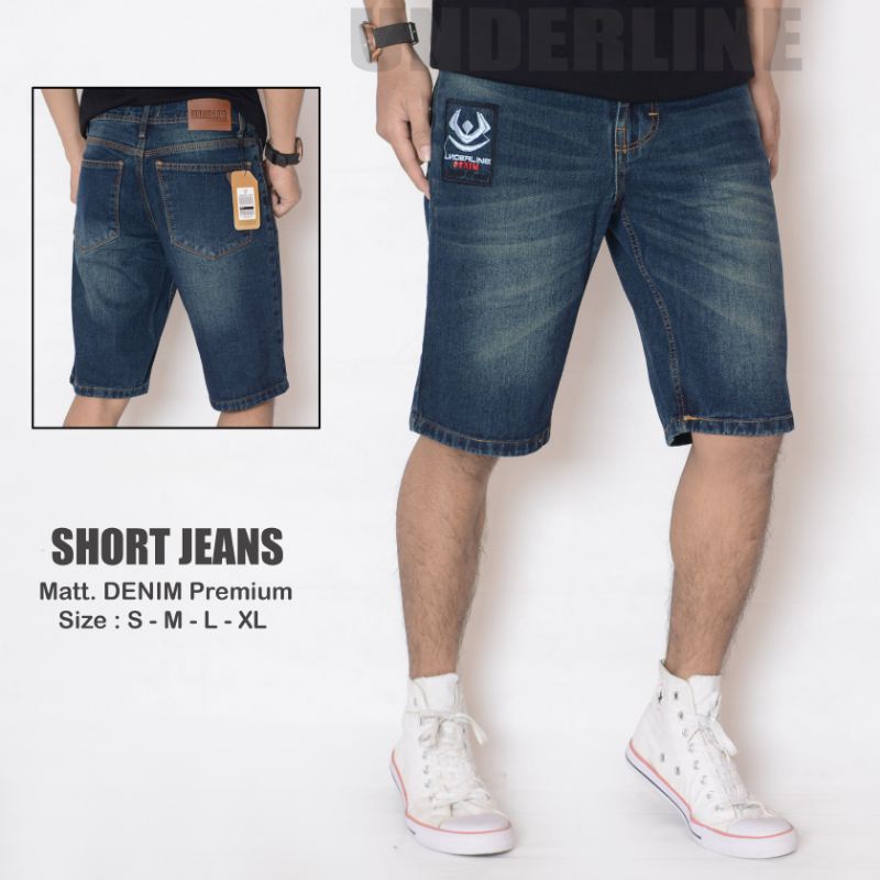 CELANA JEANS PENDEK JUMBO PRIA , JEANS PENDEK DENIM PRIA POLOS BORDIR PREMIUM ORIGINAL UNDERLINE