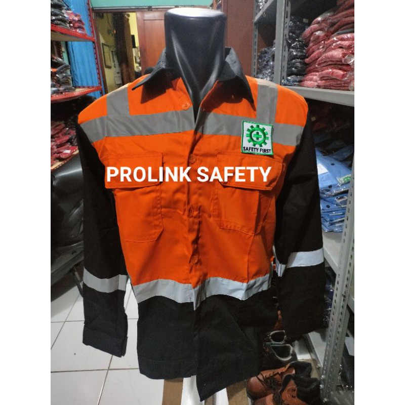 SERAGAM BAJU SAFETY KANCING ORANYE HITAM SCOTLIGT PUNDAK BERLOGO K3 BENDERA