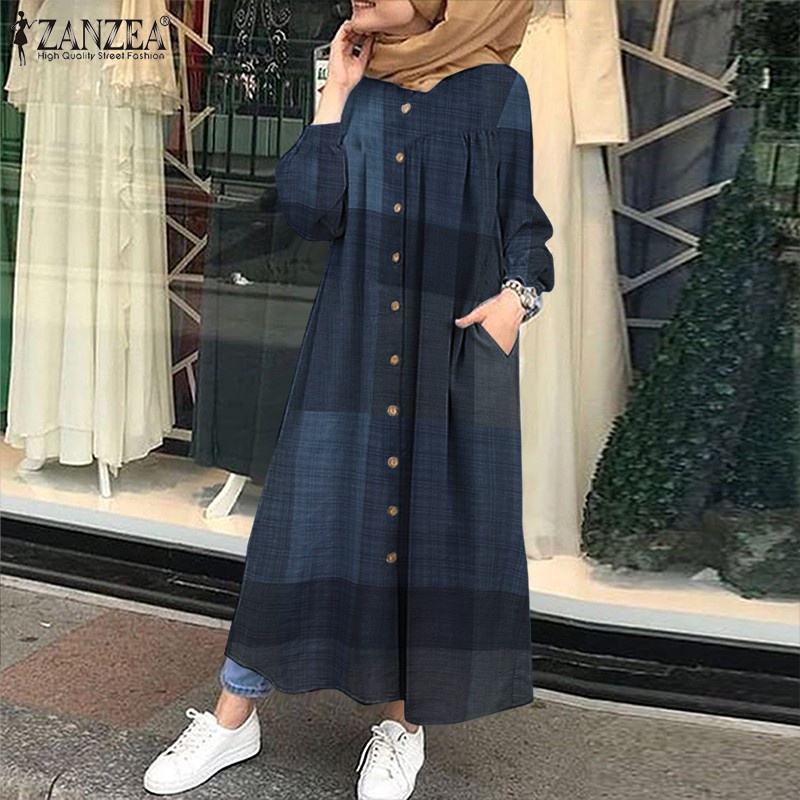 ZANZEA Women Muslim Long Sleeve Plaid Printed Casual Long Dress