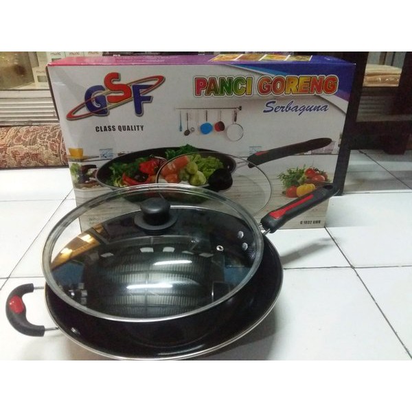 PANCI GORENG SERBAGUNA - WAJAN ENAMEL TUTUP KACA 32 cm GSF - TOKO HAF STORE