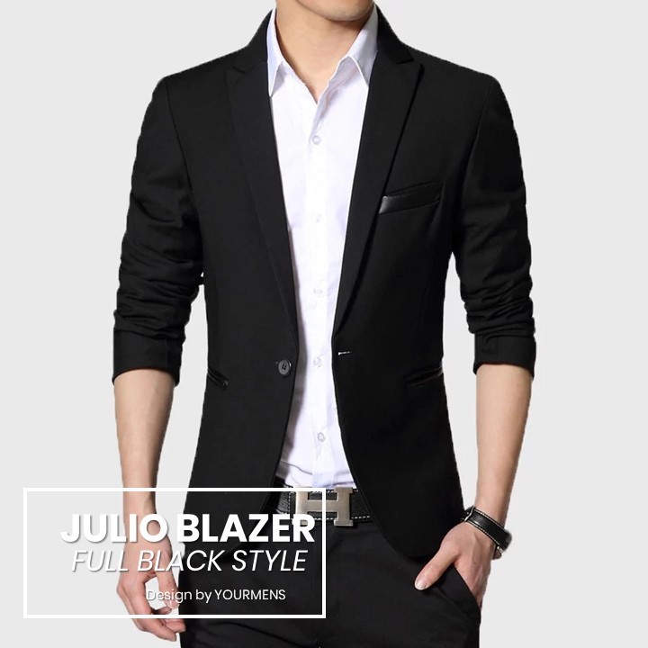 BLAZER HITAM PRIA SLIMFIT SEMI FORMAL JULIO FULL BLACK SINGLE BUTTON ORIGINAL NIKAYU HIGH TWIST PREMIUM BLACK (S,M,L,XL)