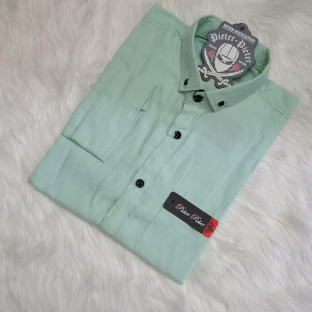 kemeja cowok polos lengan panjang slimfit hem pria kantor hitam navy putih maron army-Kemeja Panjang hijau