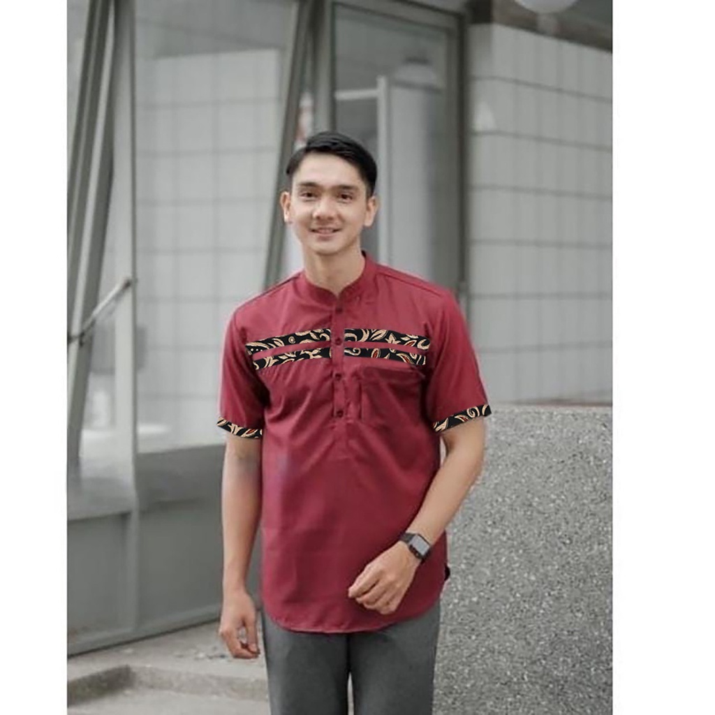 Baju Atasan Koko Muslim Pria Lengan Pendek Kurta Kombinasi Batik Premium Original