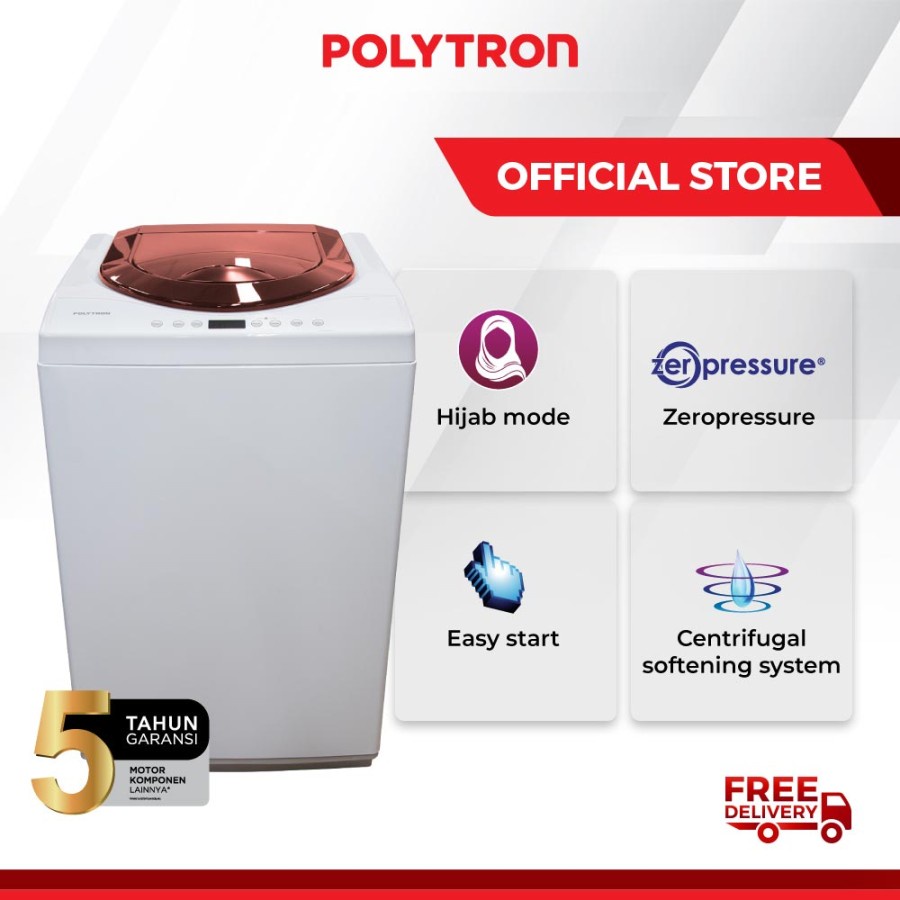 POLYTRON Mesin Cuci 1 Tabung Zeromatic Hijab 7.5 KG Top Loading PAW 75517 PROMO GARANSI