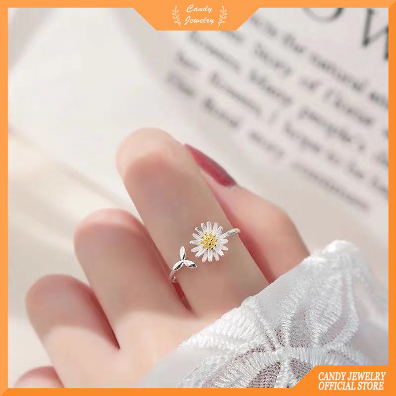 Cincin Model Terbuka Desain Daun Aster Warna Permen Gaya Korea Kasual Untuk Wanita