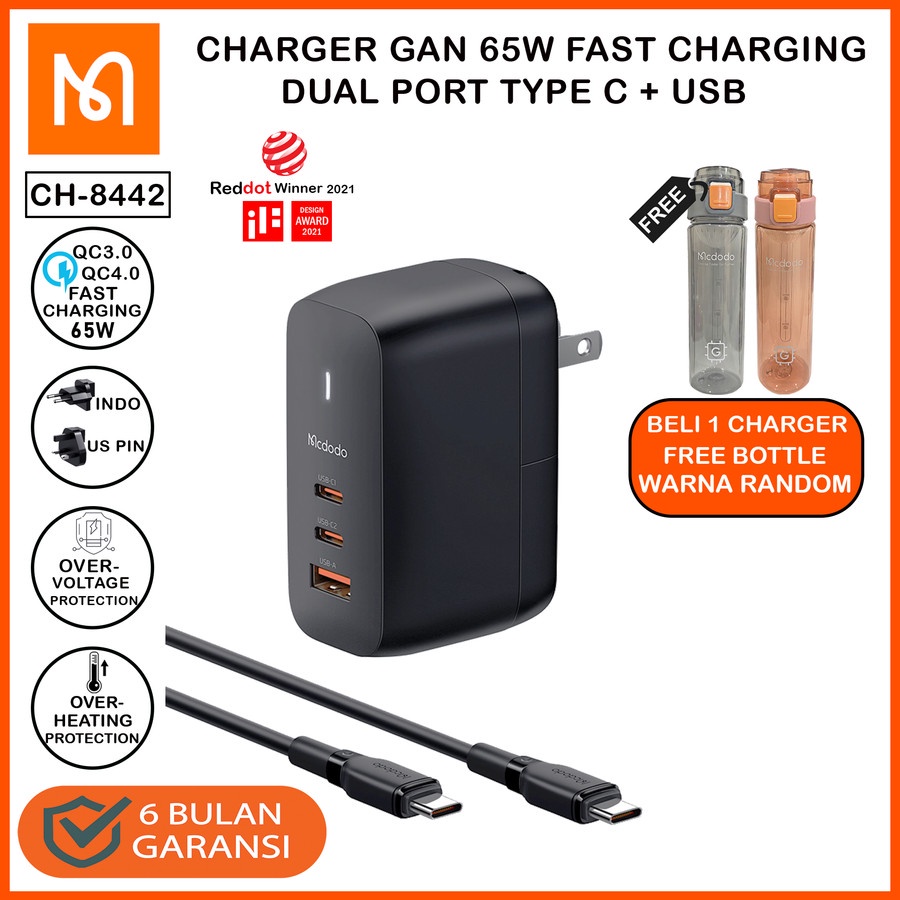 MCDODO CH-8442 Adaptor Charger Mini 65W GAN PD Dual Type C + USB + Cable Fast Charger Universal