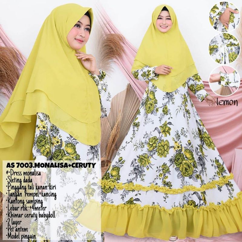 gamis syari monalisa premium mewah ld112 pb140 hight quality plus khimar ceruty syari rempel