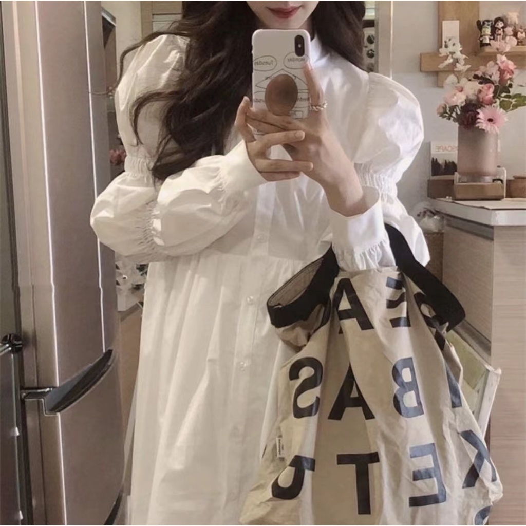 [S.T] Women White Long Sleeve Spring And Autumn Korean Midi Dress Gaun Wanita Lengan Panjang 2827 (S-XL)