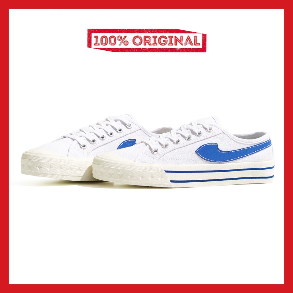 ORIGINAL - Sepatu Brand Lokal Kasual Pria Wanita No Brand White Blue Low Not Sneakers Compass Retrograde Putih Biru