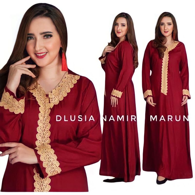 Namira Dlusia Dress Wanita Renda Arab Rayon Premium Longdress Lengan Panjang Baju Wanita Kekinian LD 110 cm