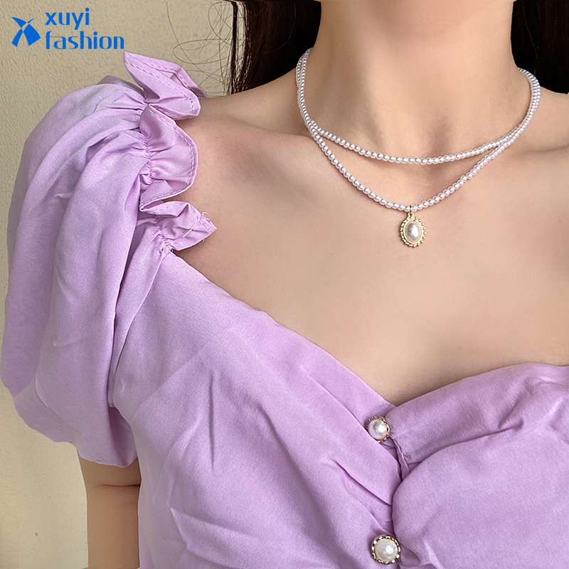 Kalung Rantai Klavikula Hias Manik-Manik Mutiara Model Lapis Ganda Gaya Retro Elegan Untuk Hadiah