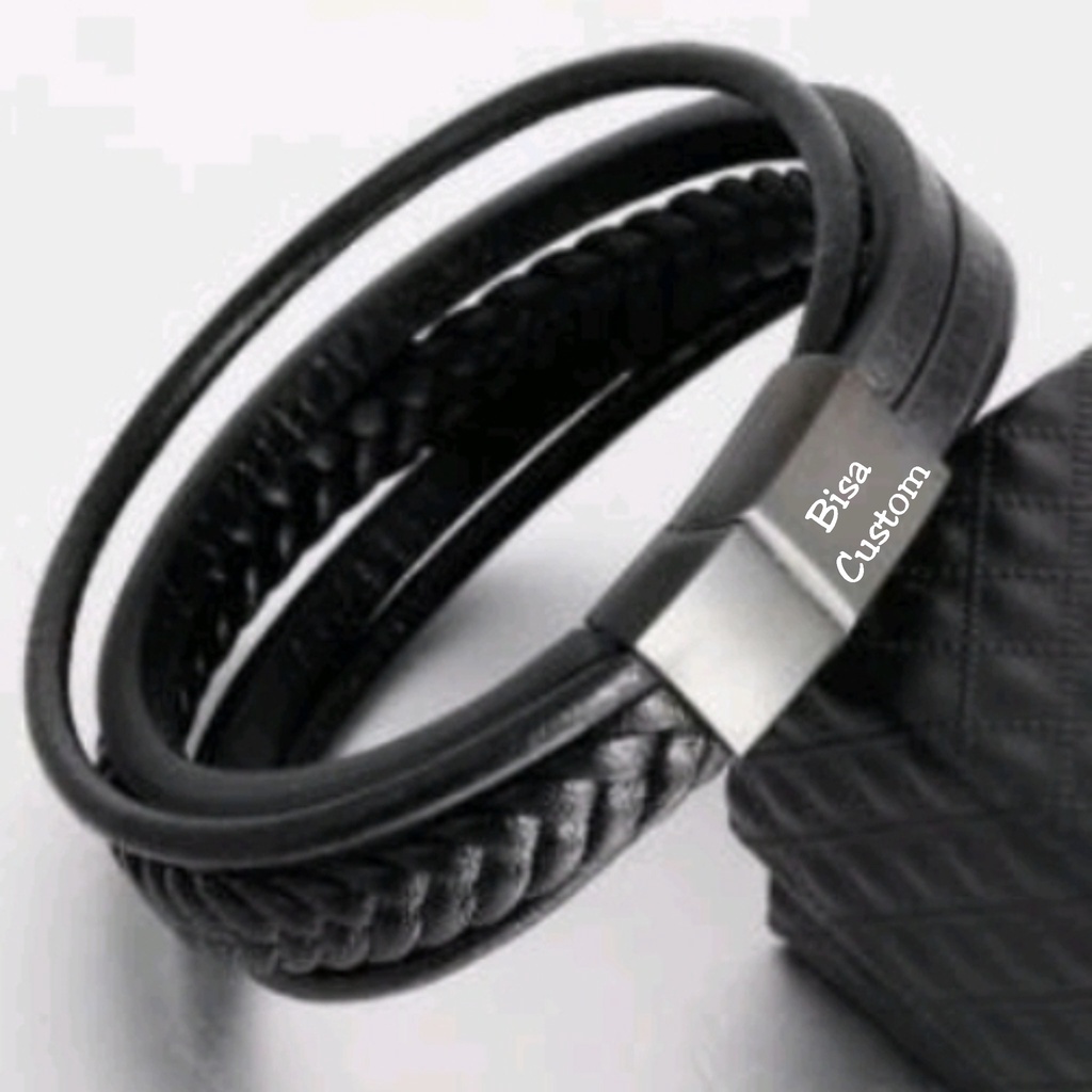 GELANG FASHION 5 LAYERS PRIA BRACELET KULIT LEATHER PREMIUM HITAM BLACK