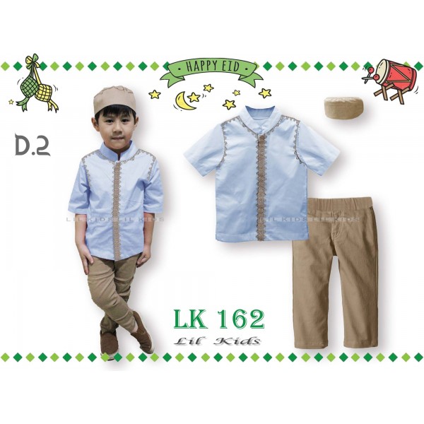 IMPORT LK 162 D2 Baju Koko Muslim Anak Biru Peci Kopiah Celana Panjang India Pakistan Lengan Pendek