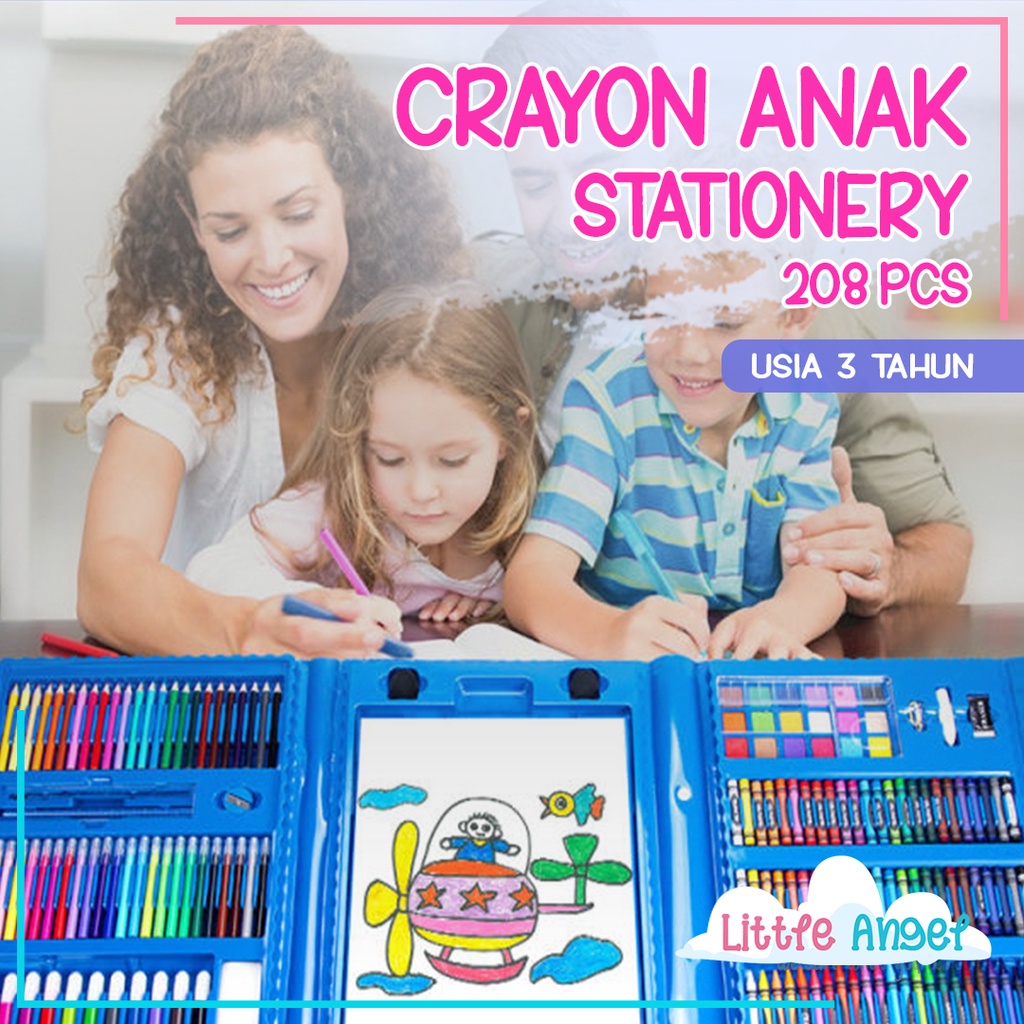 CRAYON ANAK SET 208 Koper Alat Menggambar Mewarnai Mainan Edukasi Bayi Balita Krayon Pastel Set Lengkap Aman Pensil Warna Spridol Kertas Papan Buku Gambar Murah