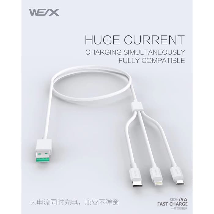 Kabel Data WEX 3 in 1 Fast Charging iOS + Micro +Type C Ori 5A - 120CM Pasarbb