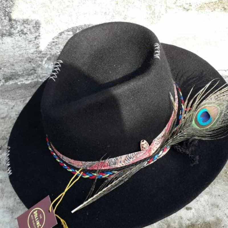 TOPI LAKEN FEDORA TEARDROP HITAM KLASIK BULU MERAK FASHION PRIA TOPI SENIMAN