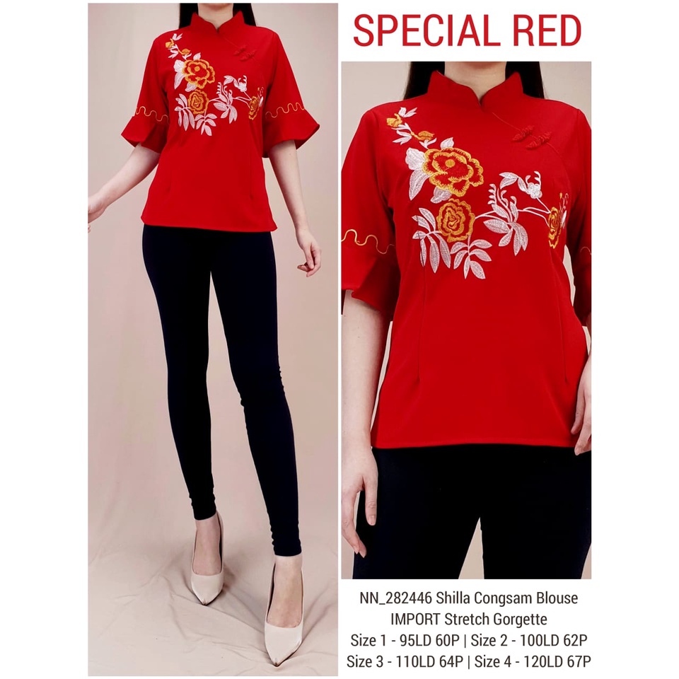 ( 4 SIZE ) BLOUSE CHEONGSAM MILA FLOWER EMBROIDERY MEDIUM SIZE - BIG SIZE STRETCH GEORGETTE ONLY RED