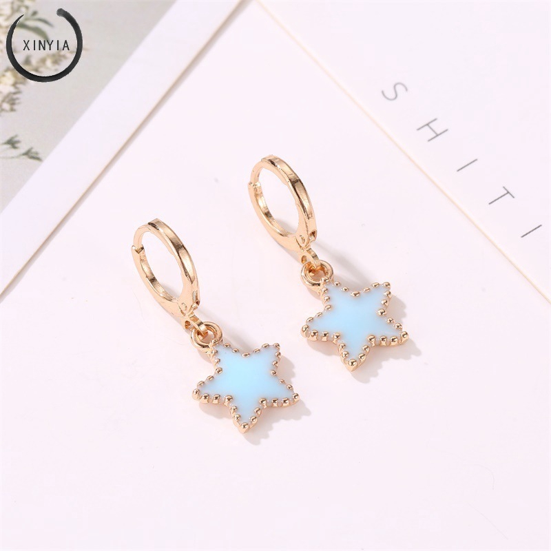 Korea Biru Anting-anting Pentagram Manis Temperamen Geometri Biru