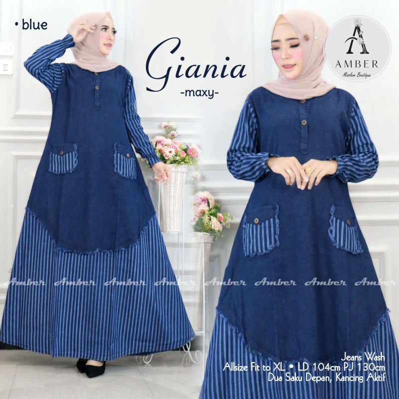 Giania Dress Maxy Gamis Polos Hitam Jeans Motif Salur Garis Ld 104 Fit XL Busui Kancing By Amber
