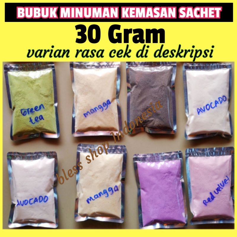 Bubuk Minuman serbuk aneka rasa kemasan sachet 30 gram plastik aluminium foil powder termurah kekini