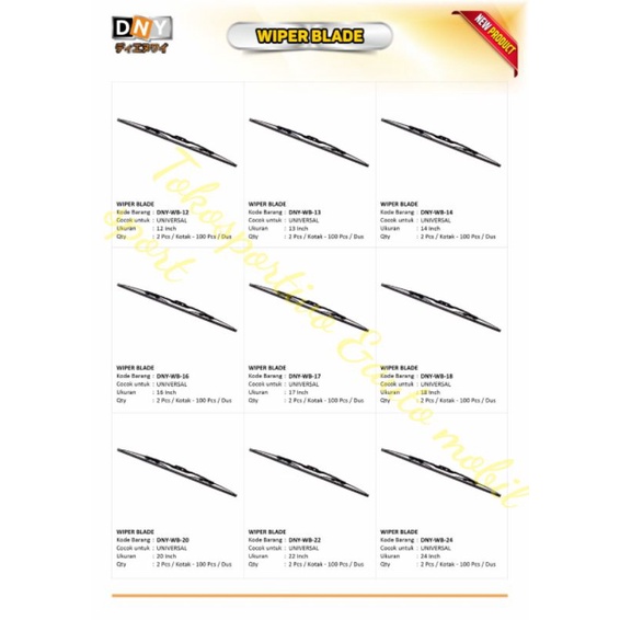 WIPER BLADE DEPAN MOBIL UNIVERSAL DNY 12&quot; 13&quot; 14&quot; 16&quot; 17&quot; 18&quot; 20&quot; 22&quot; 24&quot; INCHI