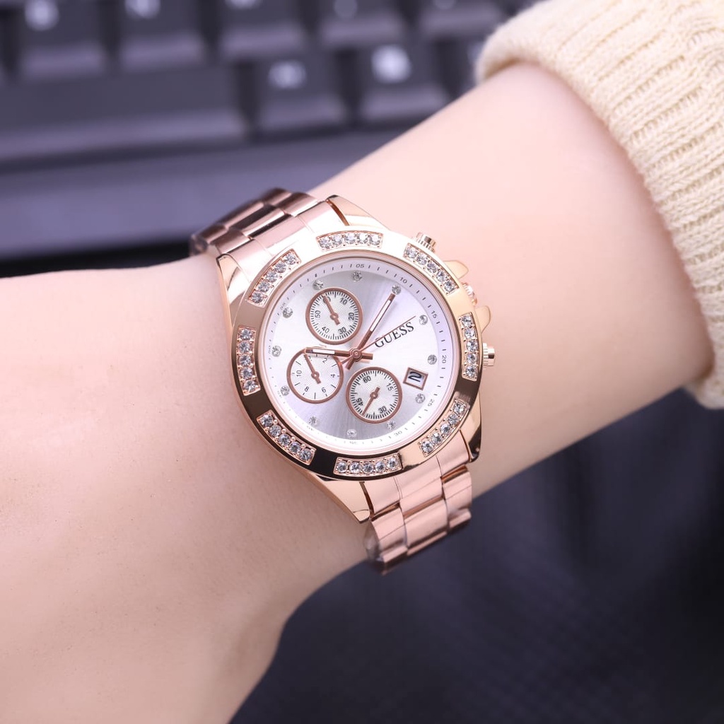 ( BISA COD ) Jam Tangan Wanita GUESS GS-585 Rantai Stainless Steel Tanggal Aktif Chrono variasi Jam 