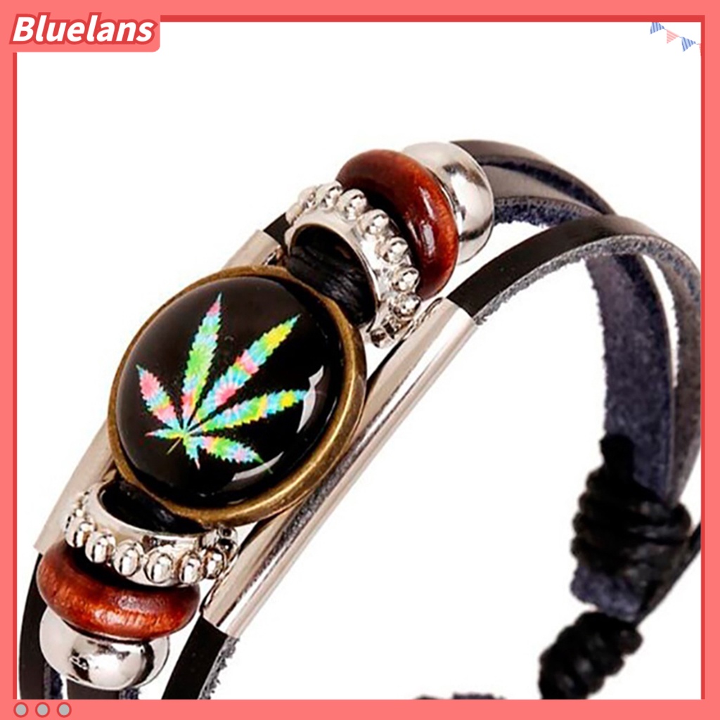 Bluelans Punk Unisex Maple Leaf Beads Faux Leather Wristband Jewelry Party Club Bracelet