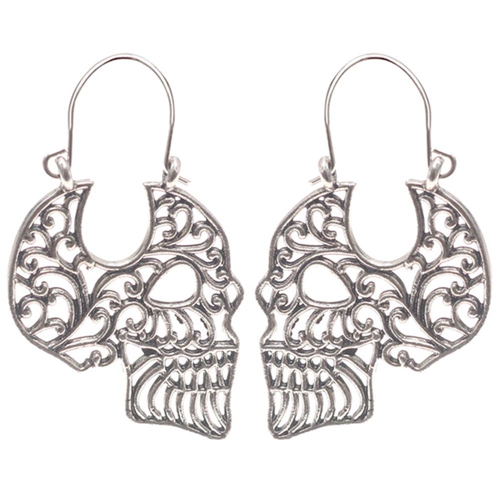 Hu Hu Hu Hu Hu Alat Bantu Pasang Kacamata♡ Anting Kait Gantung Desain Ukiran Tengkorak Hollow Tema Halloween Untuk Wanita