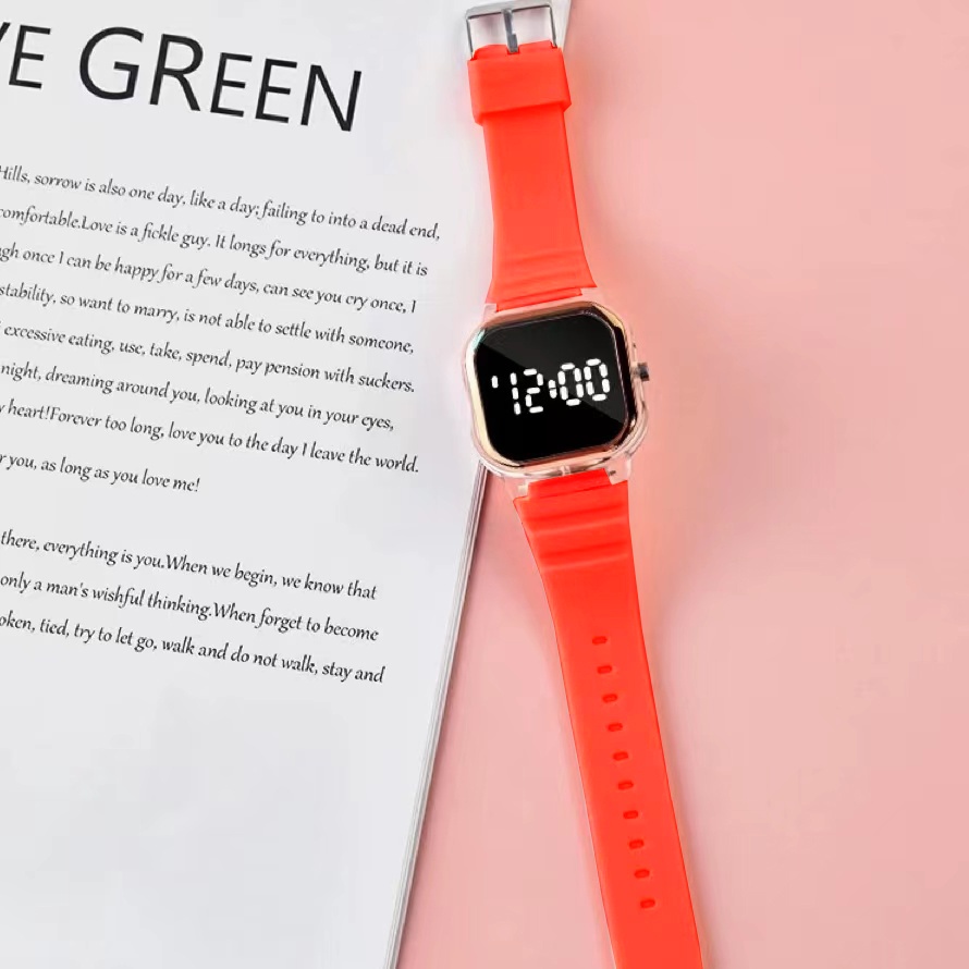 [COD] Jam Tangan Wanita Rubber Digital Trendy  Dial Kotak Korean Fashion-55-6 Orange