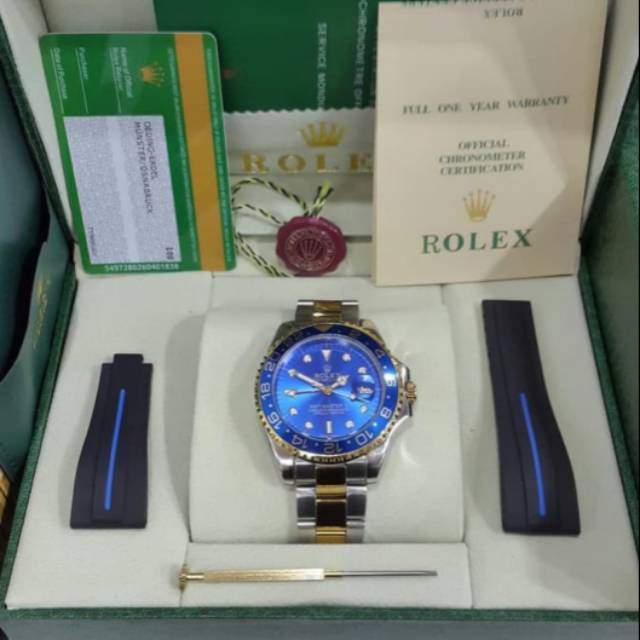 JAM TANGAN PRIA ROLEX GMT II COMBI include Box Ori, strap rubber, obeng