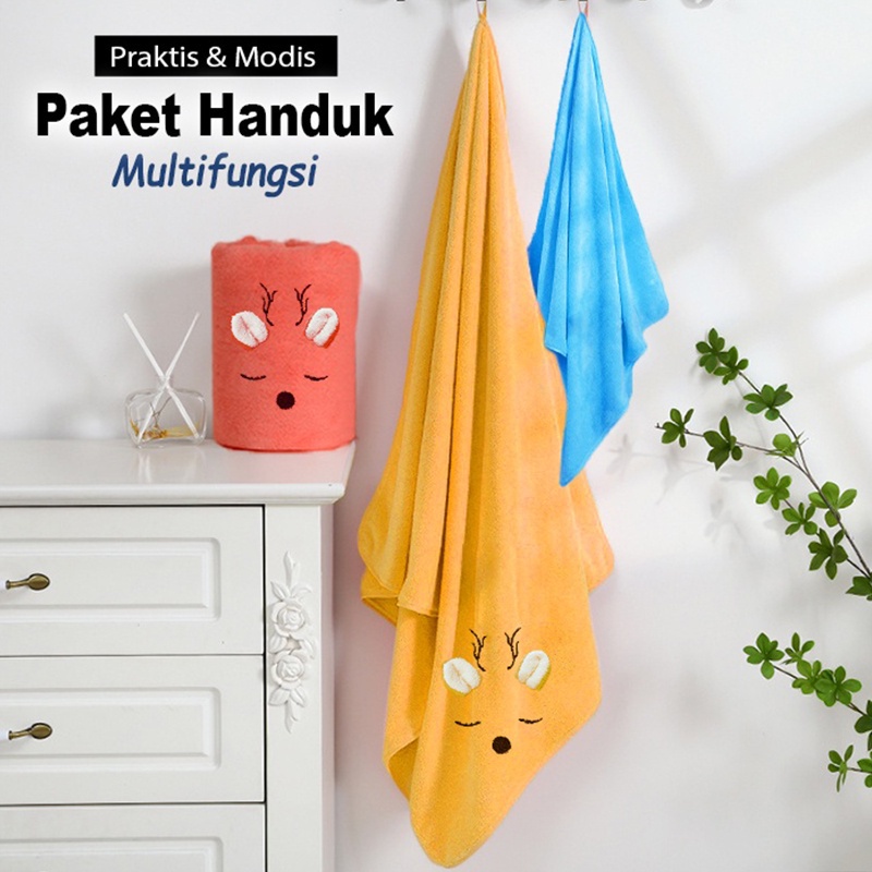 Handuk Mandi Dewasa Handuk Microfiber Bordir Mata/ Kuping Timbul Sport Ukuran 70x140cm (HSETA-B)