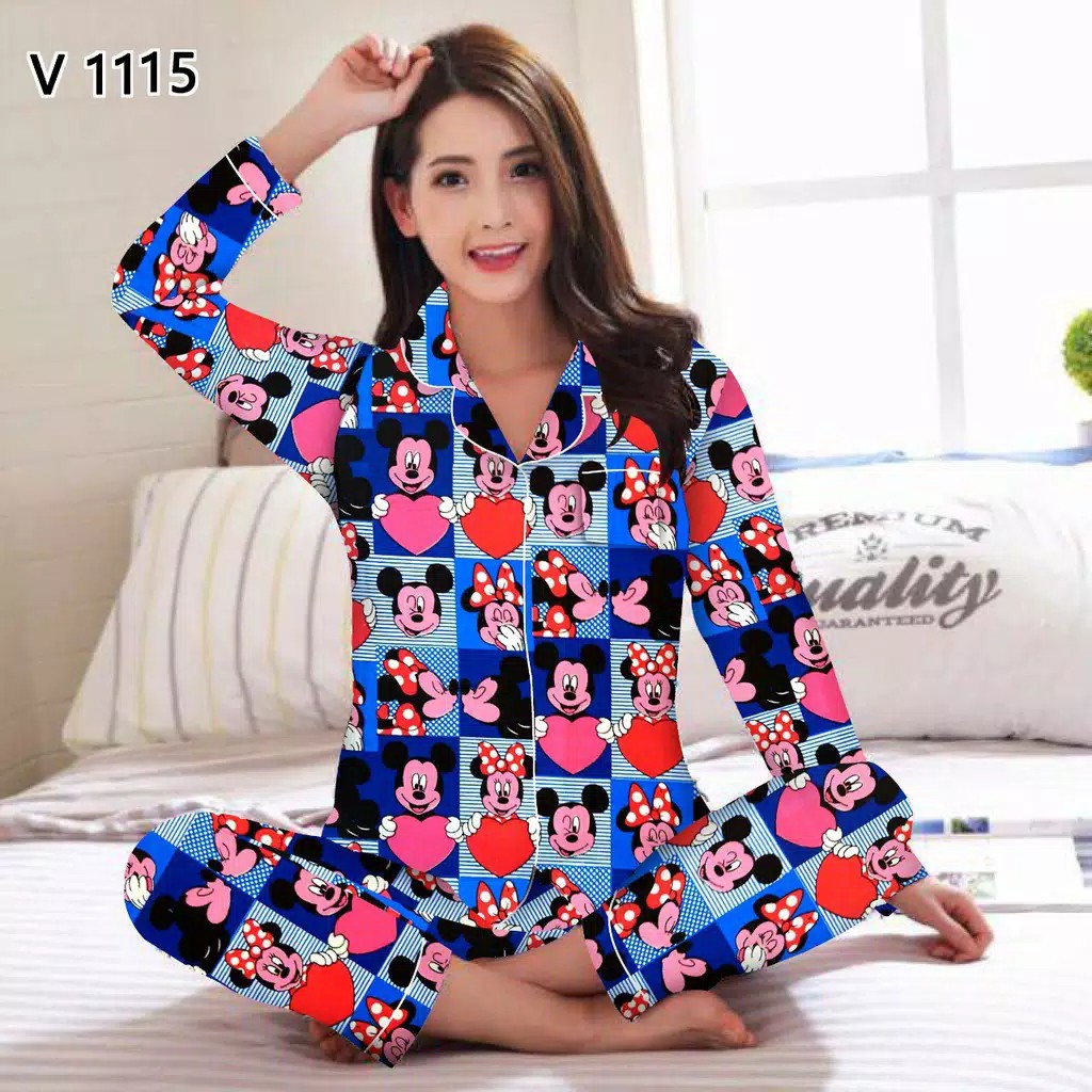 JNV Piyama PP Wanita Motif Karakter Kartun 02 - Baju Tidur Lengan Panjang - Bahan Katun-Mini Love Micky biru