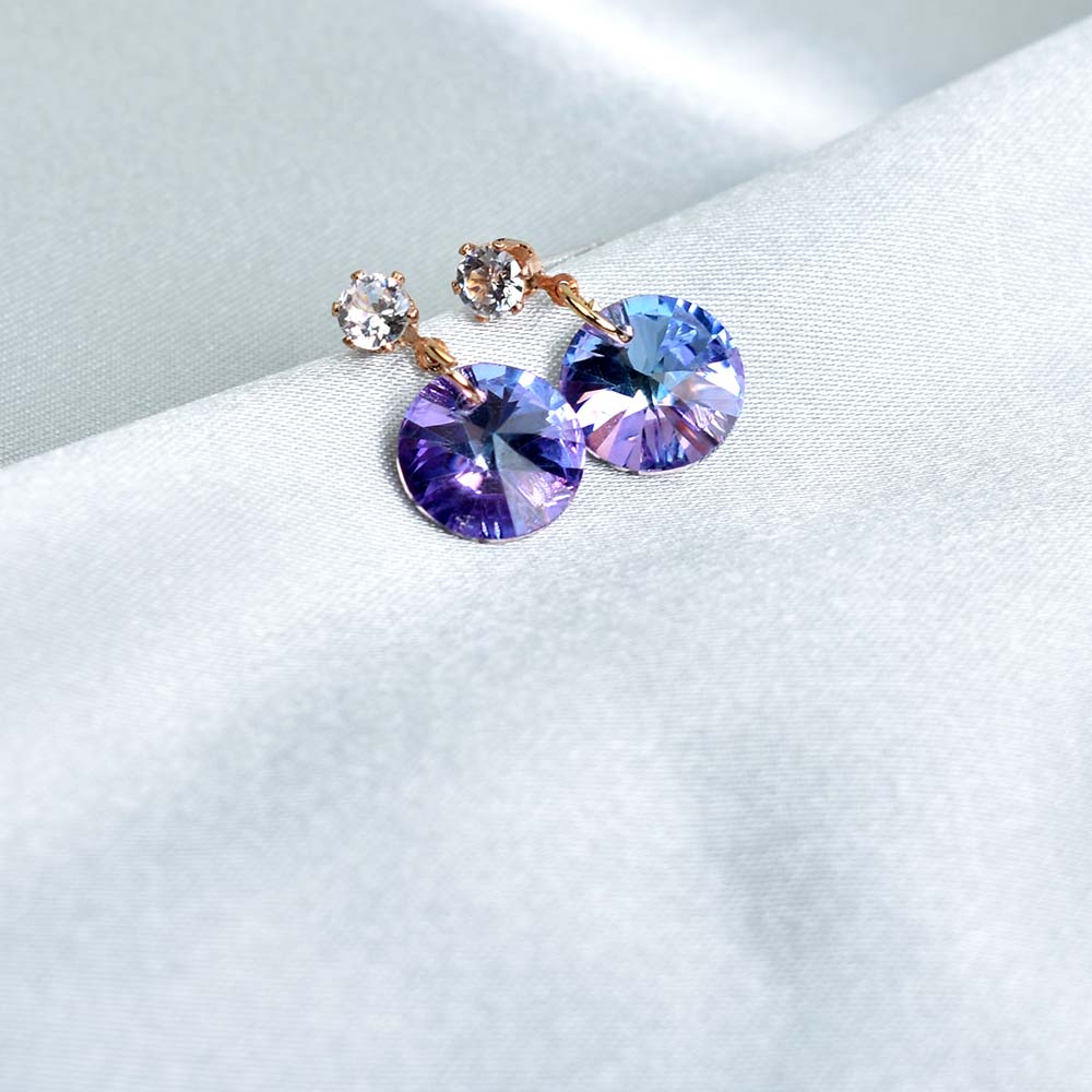 Anting Stud Bentuk Bulat Geometris Aksen Kristal Warna-Warni Untuk Wanita