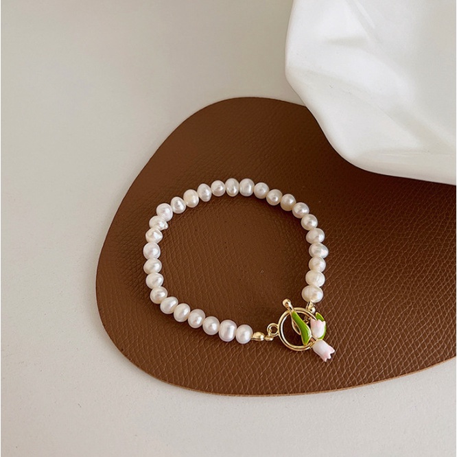 2022 Gelang Tangan Rantai Aksen Bunga Tulipmutiara Imitasi Gaya Vintageperancis Untuk Wanita