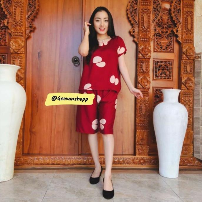 Setelan Rayon Pendek Model BabyDoll / Baju Celana Bali Wanita - Merah Best Seller