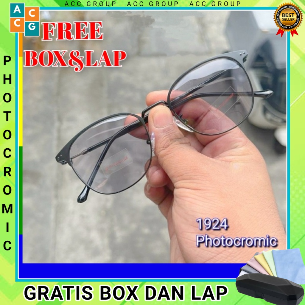 Kacamata  Free Box Dan Lap Photocromic Anti Radiasi Unisex Vintage Kacamata Berubah Warna 1924
