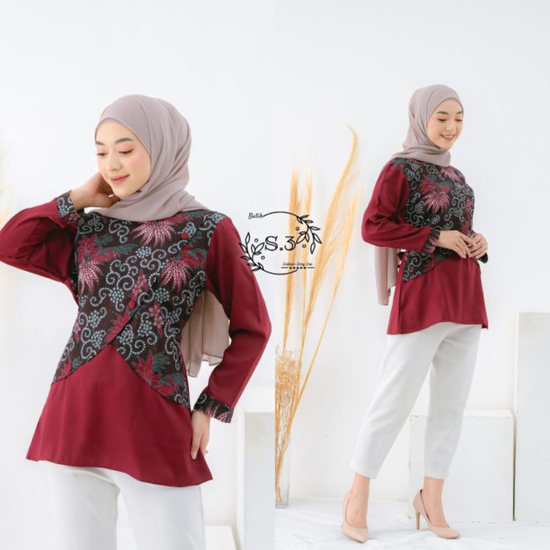 Atasan Batik Wanita Modern / Blouse Batik Kombinasi Mosscrepe Size M, L, XL ( ORIGINAL )