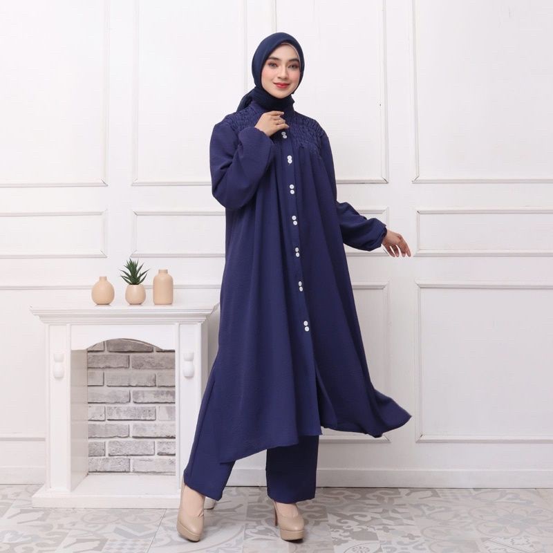 One set crinkle tunik kerut murah warna punk navy baju setelan tunic crikle biru dongker setcel kare